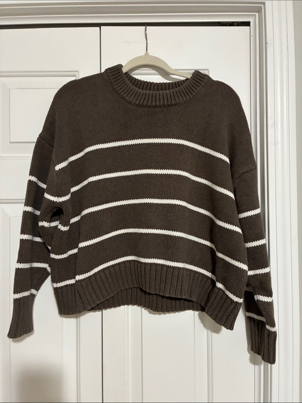 Quince Brown and White Striped Crewneck Sweater